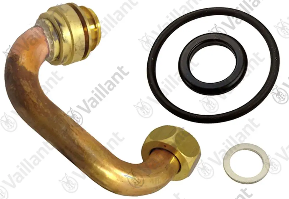 Vaillant Gasrohr mit gebogenem Ende, verbunden mit einer Mutter und O-Ringen, sowie Zubehörteilen wie Dichtscheiben.